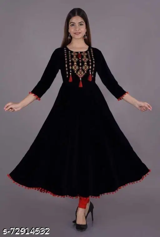 Women Embroidered Rayon A-Line Kurta, Black (4XL)