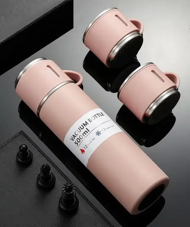 Vacuum Insulated Flask Set with 3 Cups, Pink, 500 ml, Set of 1