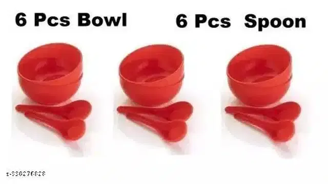 Plastic 6 Pcs Bowls, 250 ml with 6 Pcs Spoons, Red, Set of 2