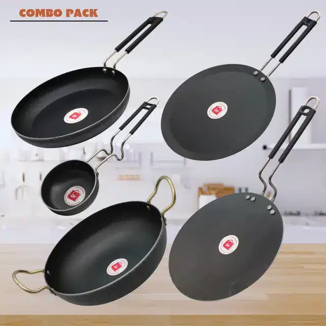 Frying Pan & Tawa Set, Pack of 5, Black, 1200 ml