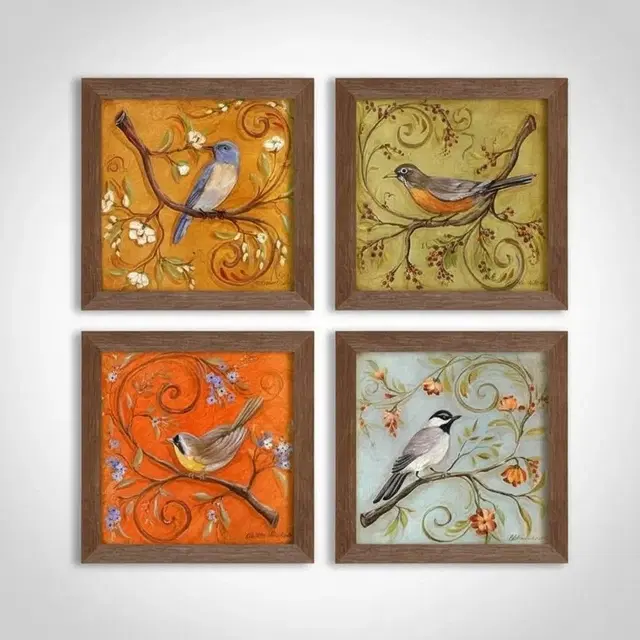 Multicolor Jardine Birds Set of 4 Brown Framed Painting, 8 x 8inch