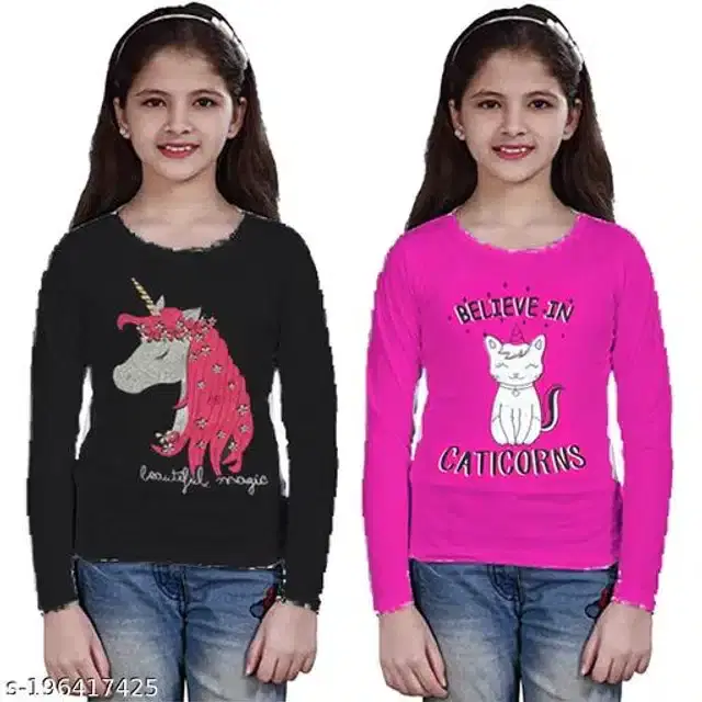 Cotton Full Sleeves T-Shirt for Girls, Pack of 2 (Black & Pink, 7-8 Years)