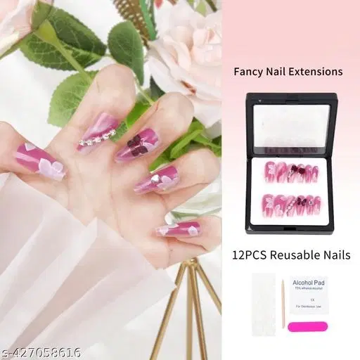 Kamz's Fake Nails Nail Extension Kit - Quick Fix Press On Nails, Aesthetic Acrylic Stick on Nails, Reusable, 12pcs Nails Set for Girls & Kids