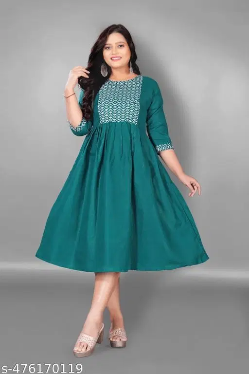 Embroidered Solid Flared Kurti (Green, XL)