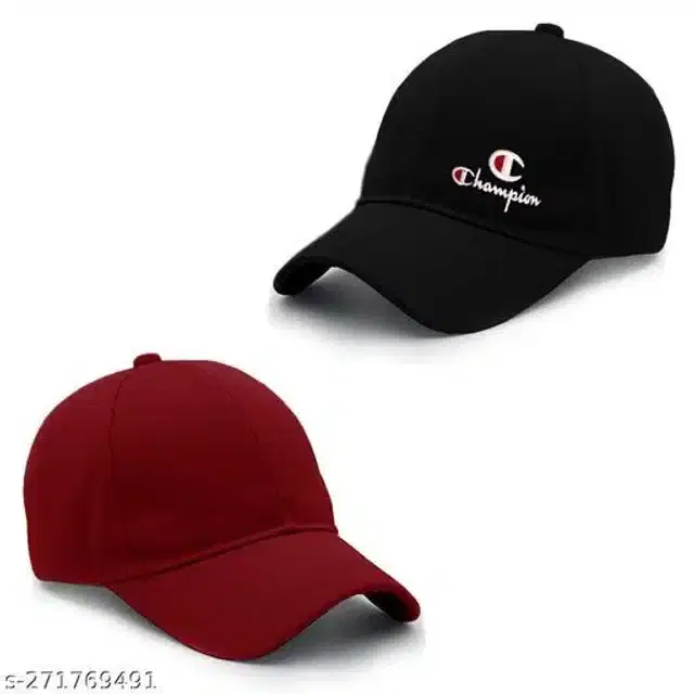 Cotton Cap for Men & Women, Pack of 2 (Black & Maroon)