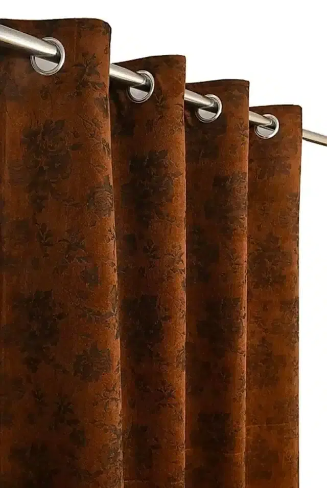 Velvet Printed Window & Door Curtains, Pack of 2, Brown, 5 feet