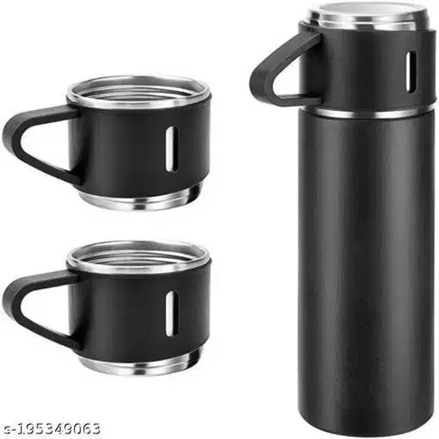 Stainless Steel Flask Bottle with 3 Pcs Cups, Black, Set of 1