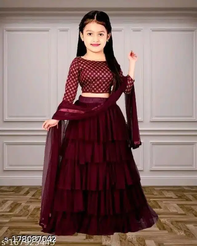 Satin Lehenga Choli With Dupatta for Girls (Maroon, 10-11 Years)