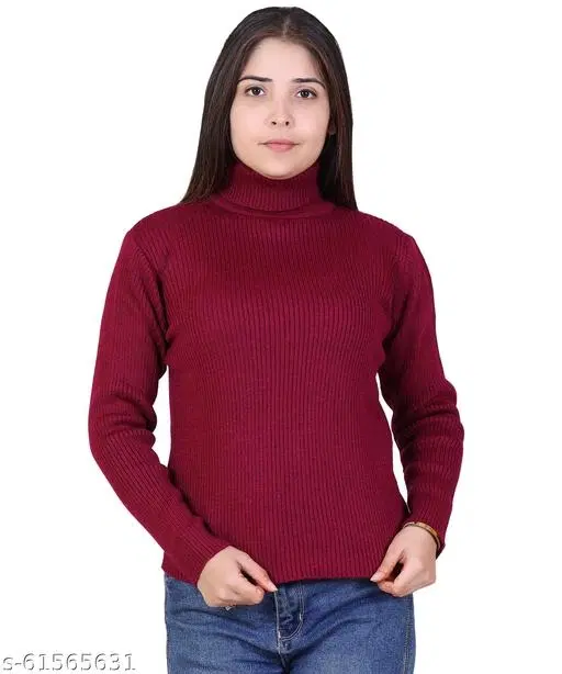 Hi-Neck Sweater for Women (Wine, M)