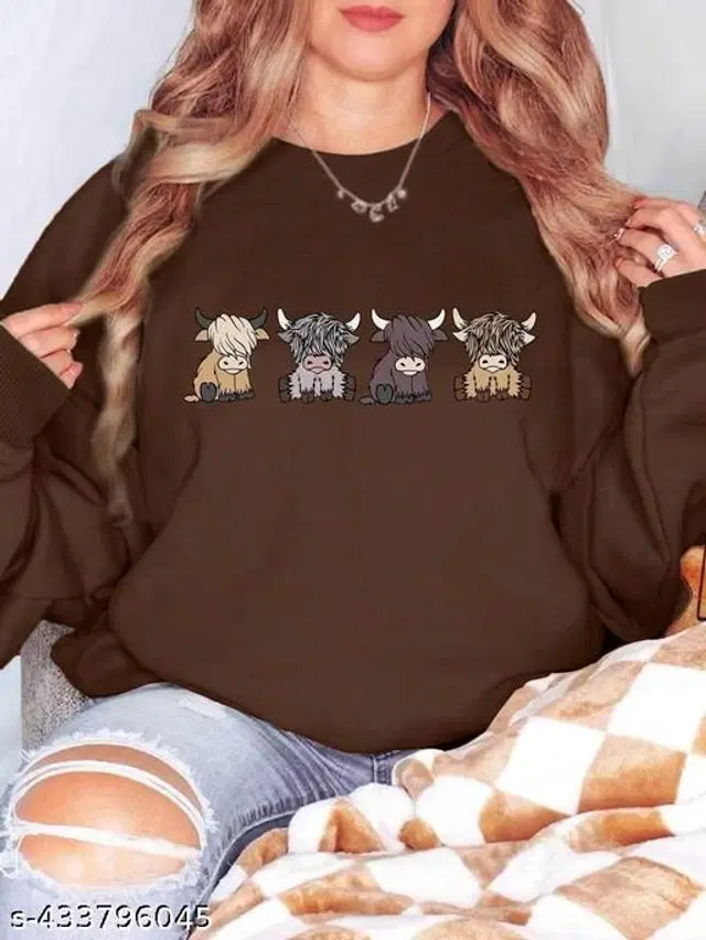 Fleece Printed Sweatshirt for Women (Brown, S)
