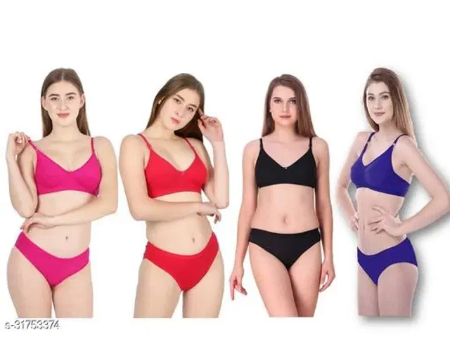 Cotton Blend Solid Lingerie Set for Women, Pack of 4 (Multicolor, 30A)
