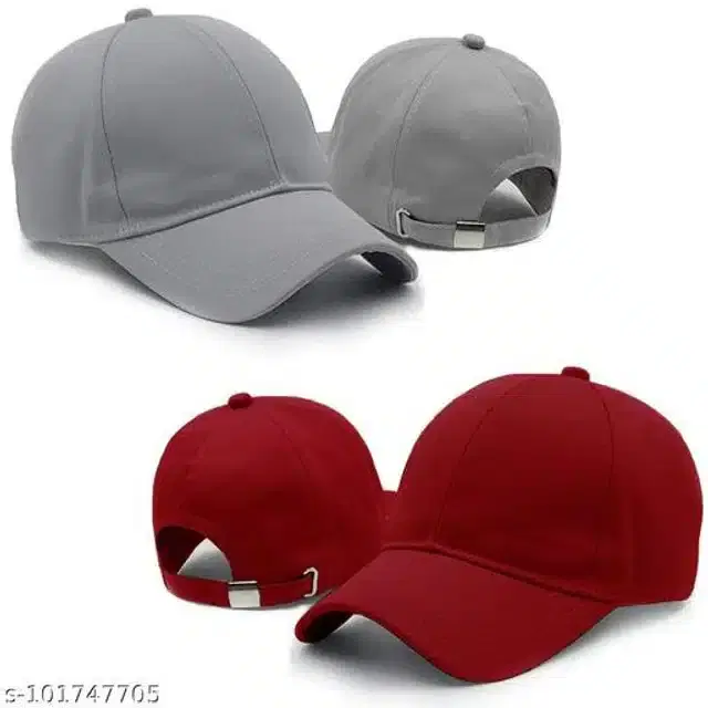 Cotton Cap for Men & Women, Pack of 2 (Grey & Red)