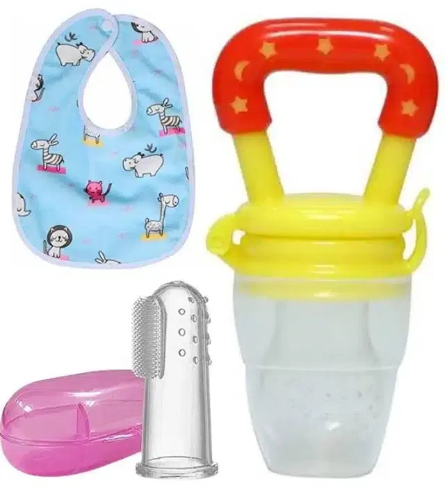 Silicone Fruit Feeder with Finger Brush & Bib for Kids, Multicolor, Set of 3