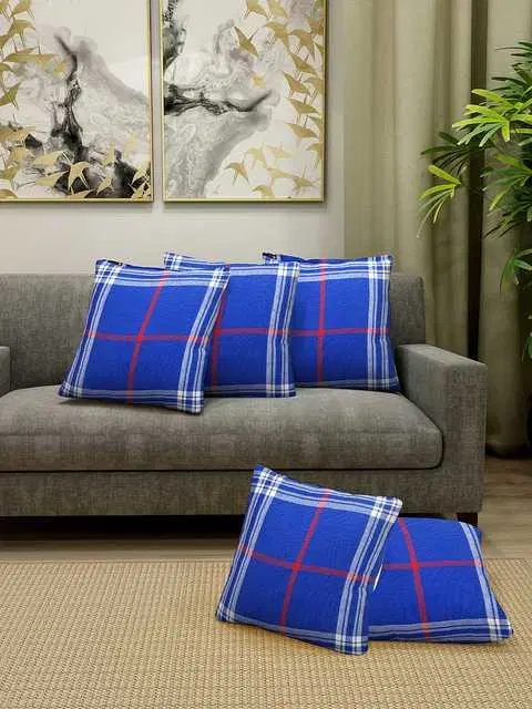 Klotthe Checked Cotton Cushion Covers, Blue, 40X40 Cm, Set of 5, K-91