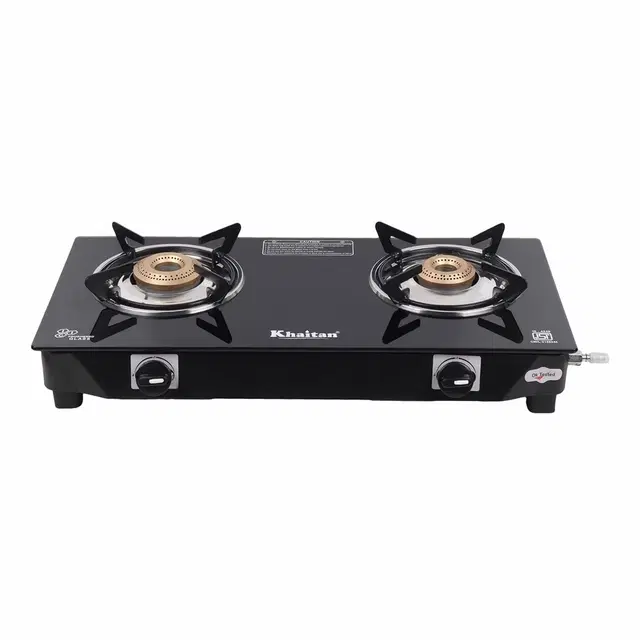 Khaitan 2 Burner Bp Nano Premium Ms Black Glass Manual Gas Stove (2 Burners)