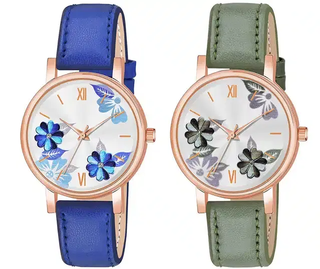 Designer Leather Analog Watch for Women & Girls, Pack of 2 (Blue & Green)