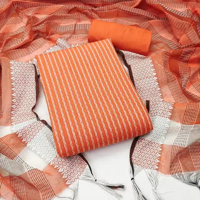 Jacquard Unstitched Dress Material for Women (Orange)