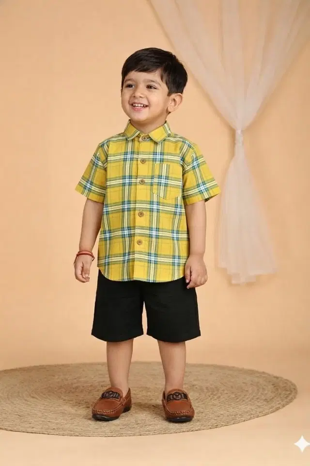 Poly Cotton Printed Shirt for boys, Yellow (0-1 Years)