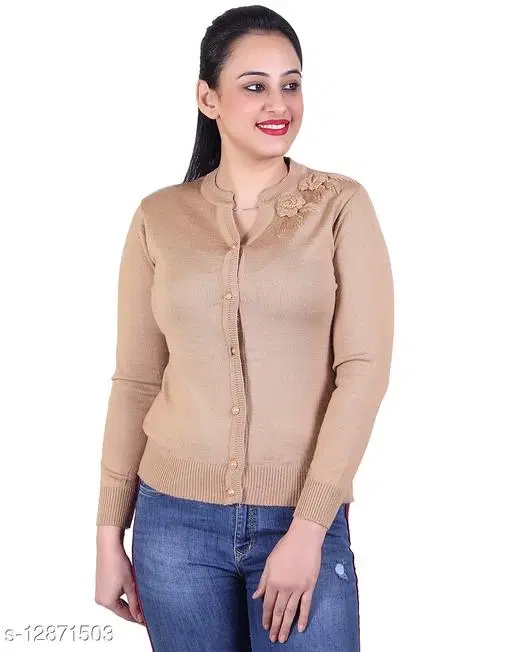 Acrylic Solid Sweater for Women (Beige, M)