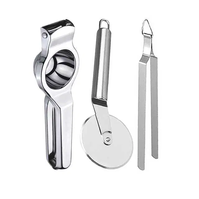 Oc9 Stainless Steel Lemon Squeezer & Pizza Cutter & Roti Chimta Kitchen Tool Set, O-26