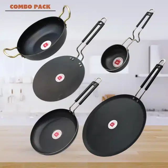 Frying Pan & Tawa Set, Pack of 5, Black, 1000 ml
