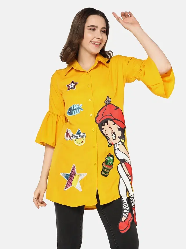 Half Sleeves Printed Shirt for Women (Yellow, L)
