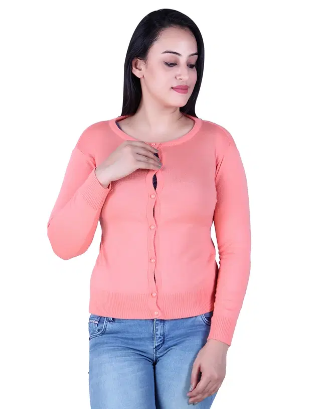 Round Neck Solid Cardigans for Women (Peach, M)