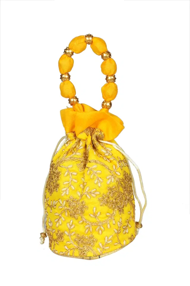 Silk Floral Ethnic Rajasthani Traditional Work Potli with Handle for Return Gifts, Yellow