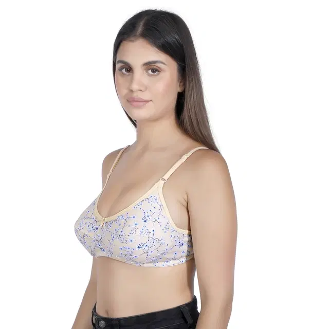 Poly Cotton Printed Non-Padded Bras for Women, Pack  of 2, Beige (34)