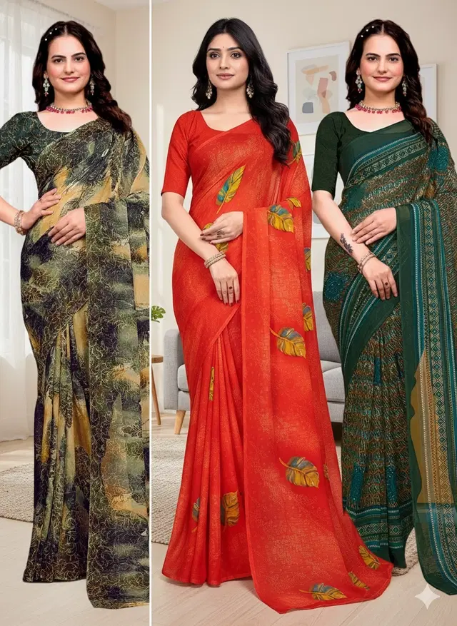 Georgette Printed Saree for Women, Multicolor, Pack of 3 (6.3 m)