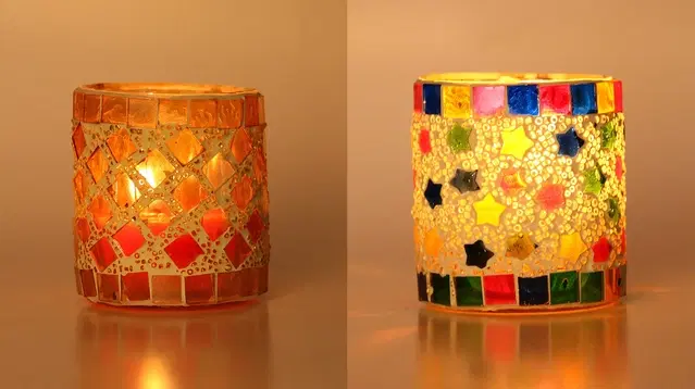 Glass Decorative Tea Light Holders, Multicolor, Pack of 2