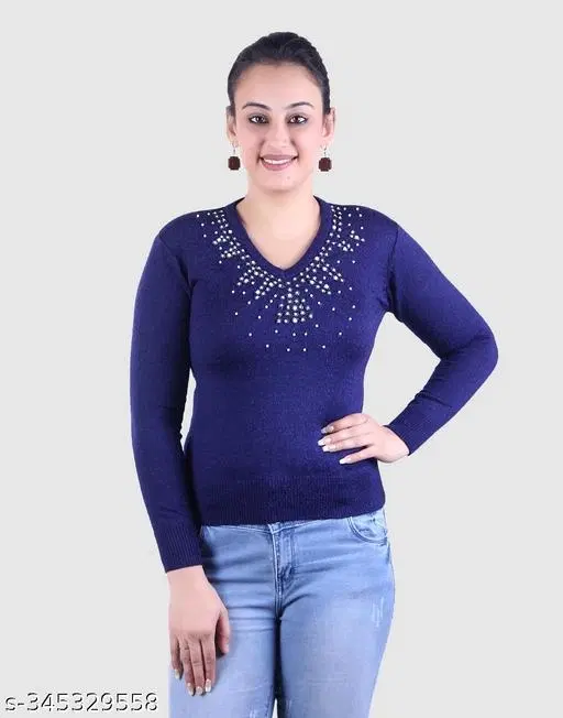 Acrylic Embellished Sweater for Women (Navy Blue, M)