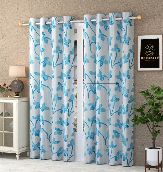 Printed Curtains, Pack of 2, Aqua Blue, 5 feet