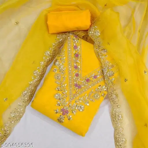 Organza Embroidered Punjabi/All Over Suits for Women (Yellow, Un Stitched)