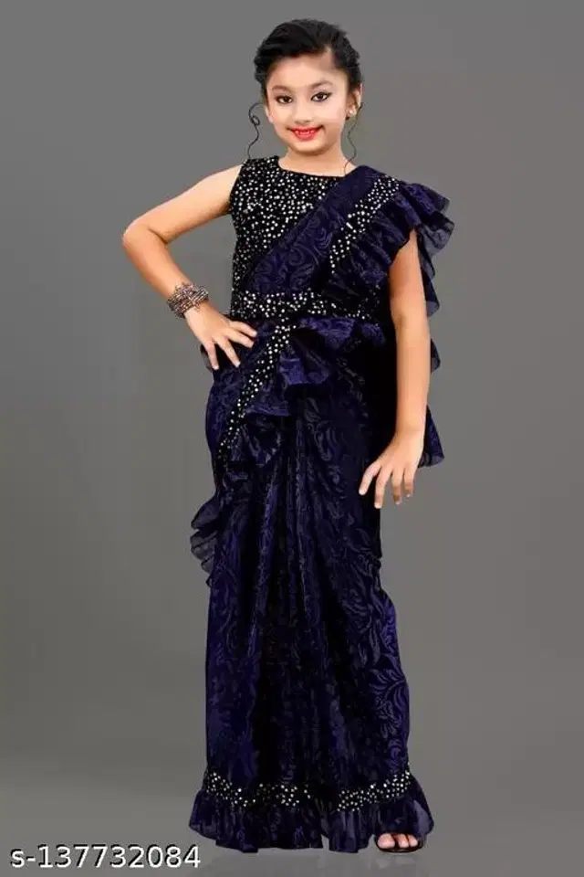 Self-Design Fancy Saree for Girls with Blouse (Navy Blue, 6-7 Years)
