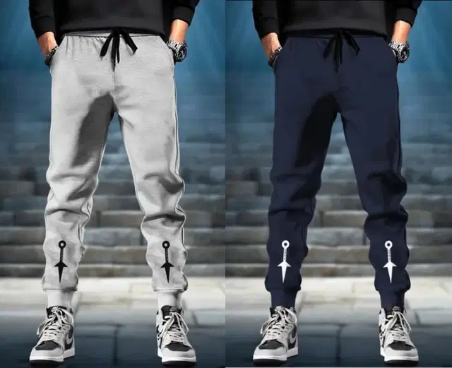 Polyblend Printed Trackpants for Men, Grey & Navy Blue, Pack of 2 (M)