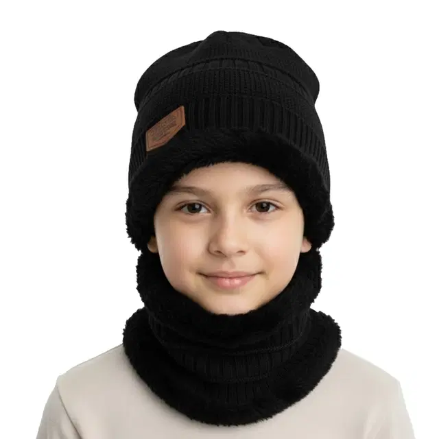 Woolen Solid Cap with Neck Wramer for Kids, Black