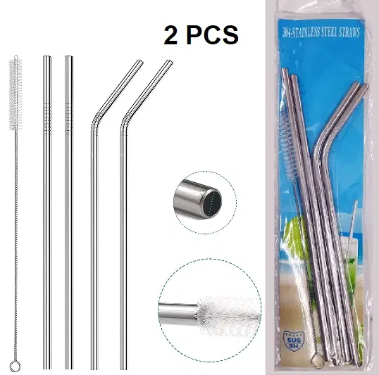 Stainless Steel Straw with Cleaning Brush, Silver, Set of 10