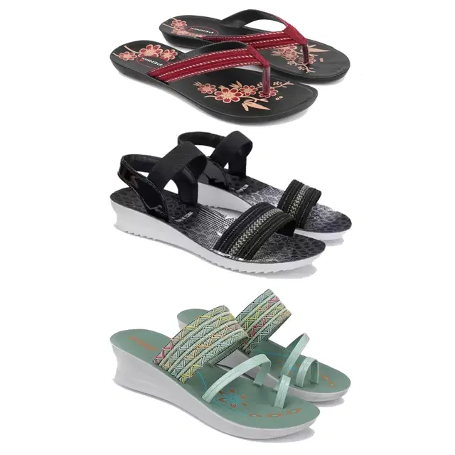 Flats with Heels & Sandals for Women, Set of 3 (Multicolor, 5)