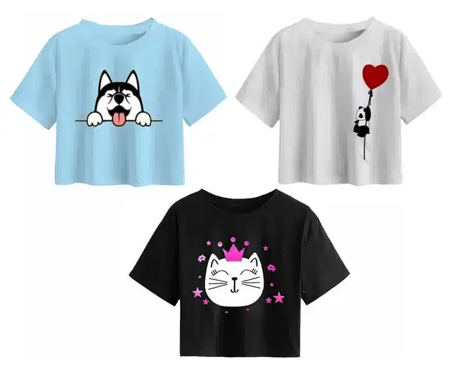 Cotton Printed Crop Tops for Girls, Pack of 3 (Multicolor, 13-14 Years)