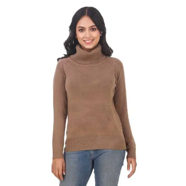 Women's High Neck Sweater (Brown, S) (Rb004)