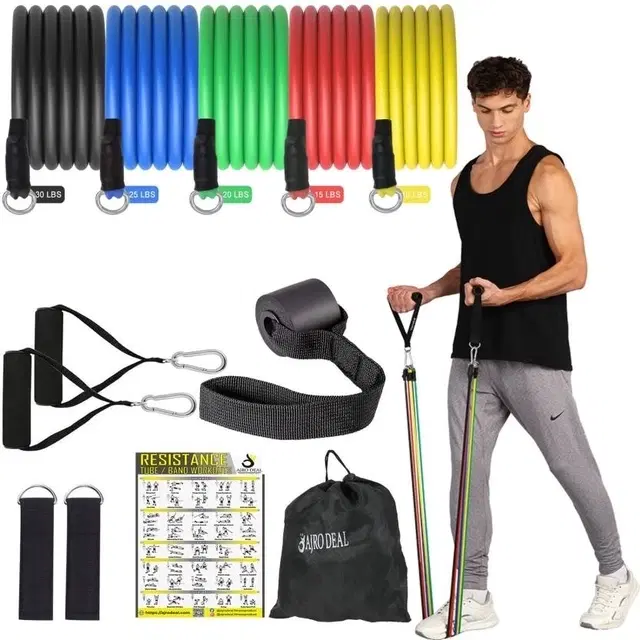 11 in 1 Resistance Tube Fitness Band Kit [Multicolor]