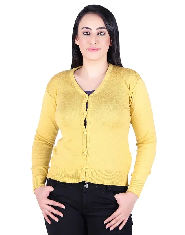V Neck Solid Cardigans for Women (Mustard, M)