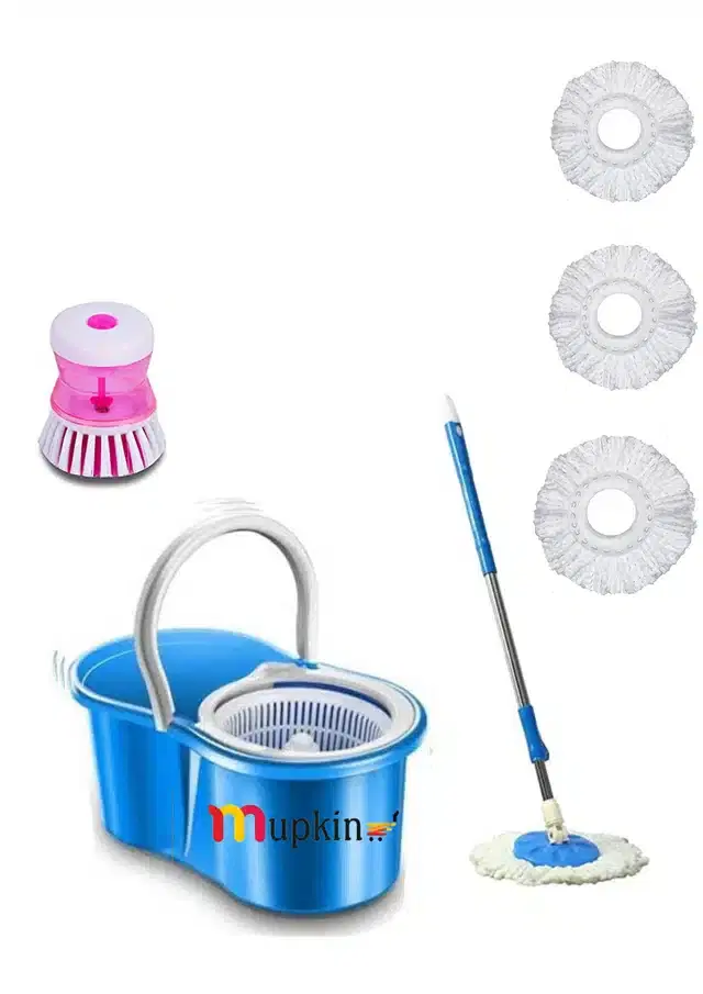 PVC Magic Spin Bucket Mop with 4 Refills & Soap Dispenser Brush Set, Blue, Set of 2