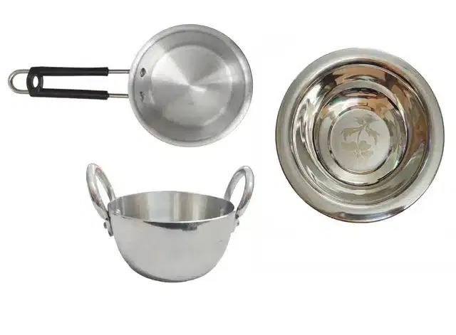 Aluminium Kadhai with Saucepan & Basin, Silver, Set of 3