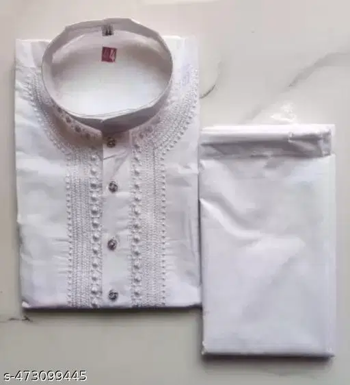 Cotton  Solid Kurta Set for Men, White (XL)