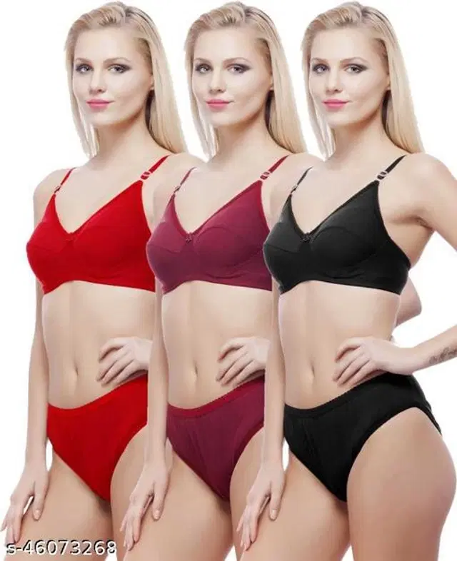Cotton Blend Solid Lingerie Set for Women, Pack of 3 (Multicolor, 32A)