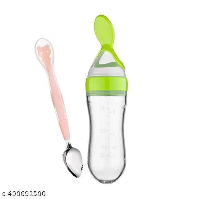 Combo of Feeder Bottle, 90 ml with Double Head Spoon for Baby, Green & Pink, Set of 2