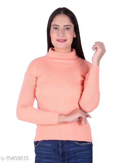 Hi-Neck Sweater for Women (Peach, M)