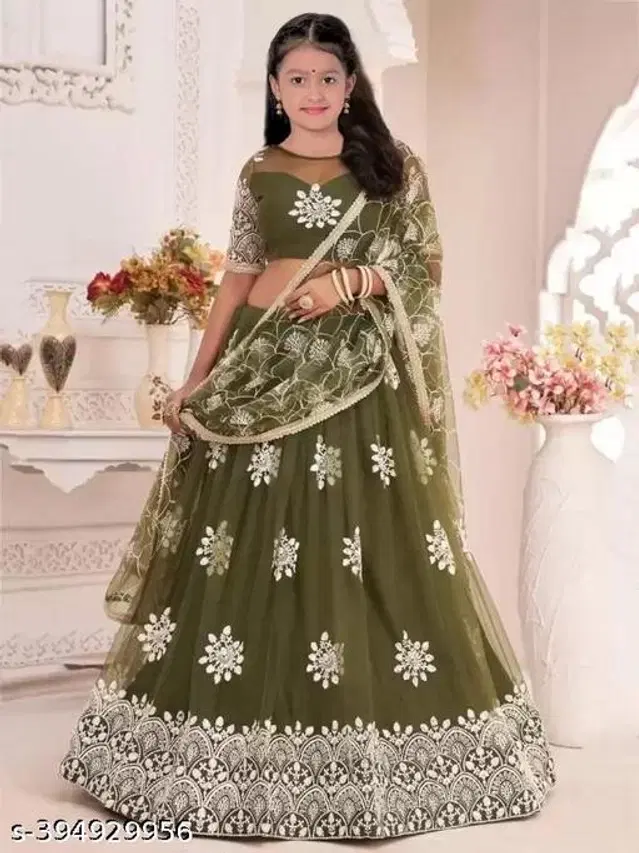 Net Lehenga with Choli & Dupatta for Girls (Green, 3-4 Years)